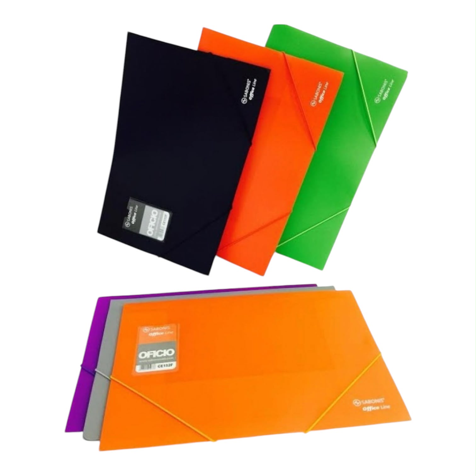 Folder pl&aacute;stico con el&aacute;stico tama&ntilde;o oficio.
Set c/ 6 piezas por color.
Color: Negro, rojo, anaranjado, gris, azul y verde.