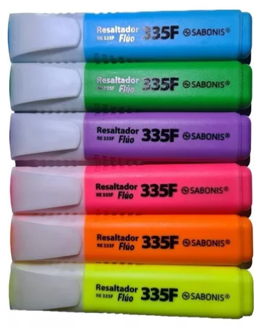 Resaltador fl&uacute;o.
Tinta brillante base al agua apto para papel normal, copia y fax. Sus colores fuertes clarifican y exhiben el texto resaltado. Ideal para trabajos de oficina y escolares. Calidad garantizada.
Colores: Amarillo, verde, naranja, rosa, lila y azul.
Set c/ 6 piezas.