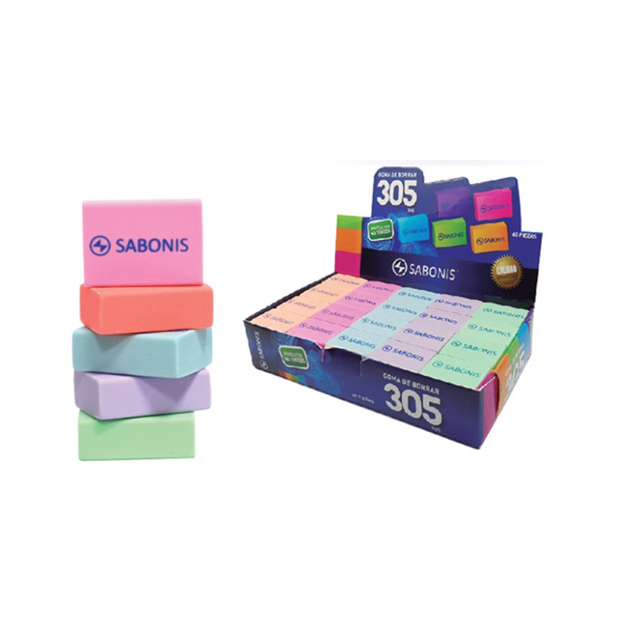 Gomas de migajón, colores varios.Para borrar sin dejar residuos o manchas sobre papel o cartón. Excelente medida para evitar ocupar mayor espacio. Calidad garantizada. Caja c/ 60 piezas.