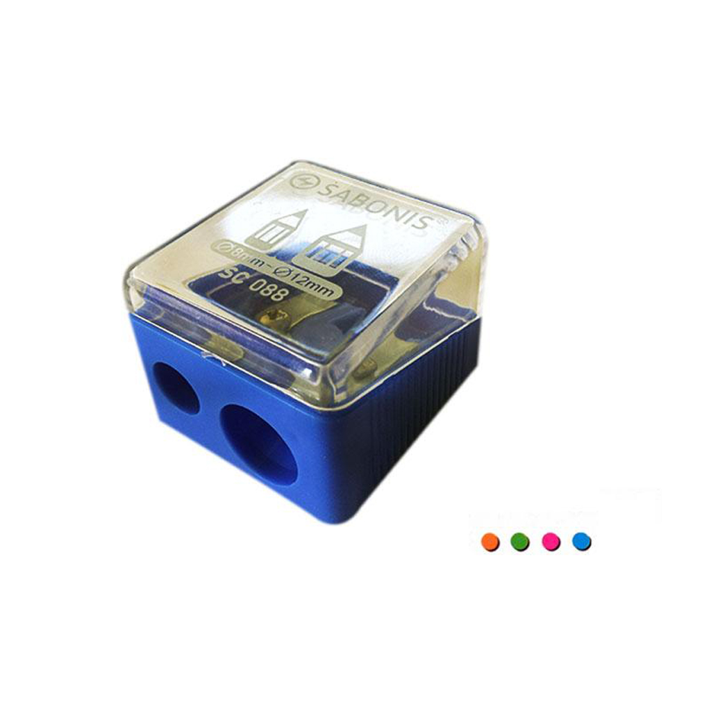 Sacapuntas plastico DOBLE de 8 mm y 12 mm.Con cuchilla de acero que no daña la punta. Ideal para uso escolar y de oficina.Con 4 colores surtidos.Caja c/ 24 piezas.