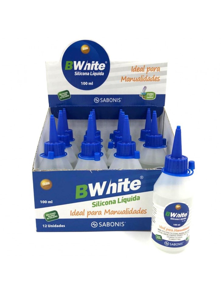 Silicón líquido de 100 ml.Ideal para manualidades. Pega foami, madera, tela, virdrio, cartón, corcho, plástico, cerámica, etc.Caja c/ 12 piezas.