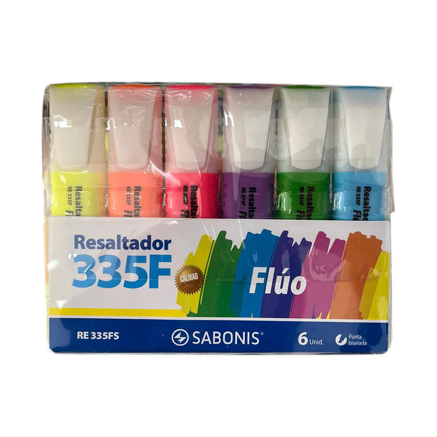 RESALTADOR FLÚO.Tinta brillante base al agua apto para papel normal, copia y fax. Sus colores fuertes clarifican y exhiben el texto resaltado. Ideal para trabajos de oficina y escolares. Calidad garantizada.Colores: Amarillo, verde, naranja, rosa, lila y azul.Blister c/ 6 piezas.