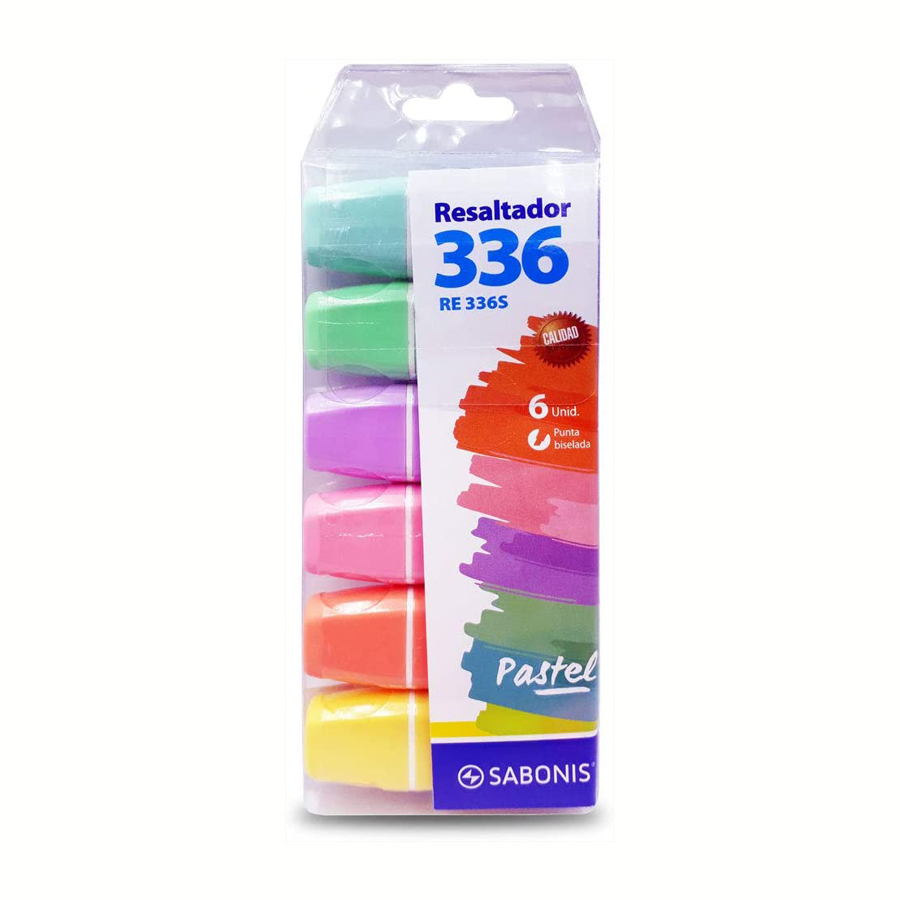 RESALTADOR MINI PASTEL.Tinta brillante base al agua apto para papel normal, copia y fax. Sus colores fuertes clarifican y exhiben el texto resaltado. Ideal para trabajos de oficina y escolares. Calidad garantizada.Colores: Amarillo, verde, naranja, rosa, lila y azul.Blister c/ 6 piezas.