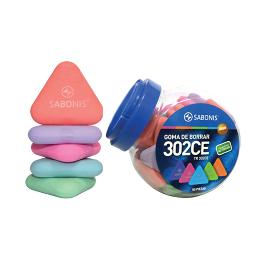 GOMA PARA BORRAR TRIANGULAR FLUOR. BOTE C/ 50 PZS.