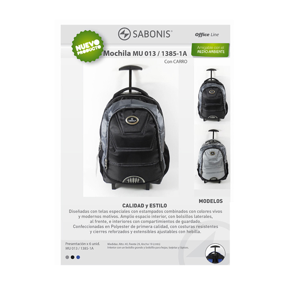 Mochila SABONIS c/ ruedas.Amplio espacio interior, con bolsas laterales y al frente, estampados combinados con colores vivos, extensibles ajustables con hebilla. Cierres reforzados. Hechas con materiales sintéticos, costuras resistentes.