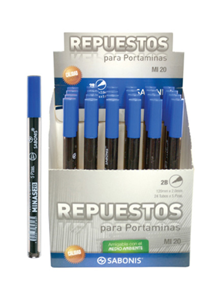 Repuesto para portaminas 2 mm.Sus usos son múltiples por su gran resistencia tanto en el portaminas como en los compás escolar. Su calidad es buscada por los gustadores de productos novedosos y de gran eficacia y durabilidad. No tóxico certificado ISO 9000.Caja con 24 sets / Set con 5 unidades.