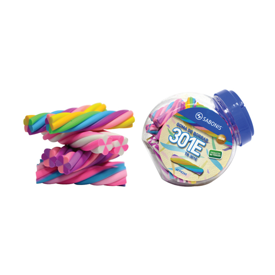 GOMA PARA BORRAR.TIRABUZÓN MULTICOLOR. BOTE C/ 60 PZAS.