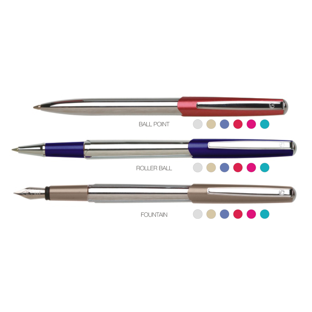 Bolígrafo de metal, también presentación en Roller y Fuente.Elegante mecanismo para los que busquen la precisión técnica y una escritura perfecta. Con gama de colores elegantes y estilos técnicos de gran calidad.Precio unitario, incluye estuche.Modelos en: Plata, arena, azul, rojo, rosa y turquesa.Tinta: Negra.