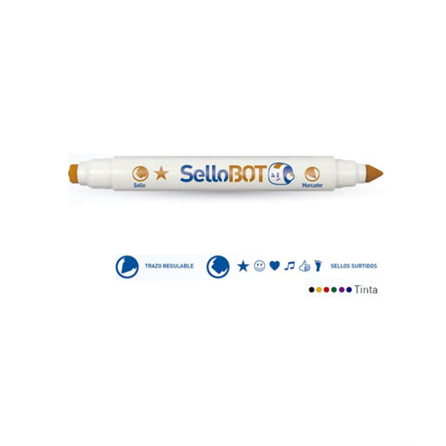 Marcadores SelloBOT.Tinta a base de agua con doble punta. Una de trazo regulable y punta redonda y la otra con diversos sellos. No tóxico y lavable.Set c/ 6 piezas de colores.